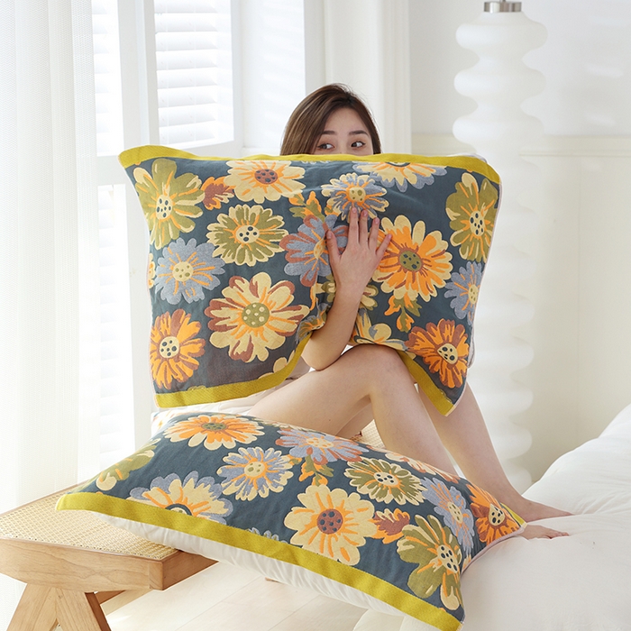 91家纺网 家纺一手货源 找家纺 朴尔家纺-毛巾被 2026新款色织定位提花纯棉四层纱布枕巾 油画花园-藏青