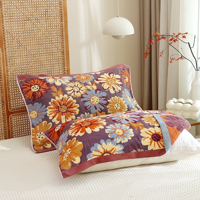 91家纺网 家纺一手货源 找家纺 朴尔家纺-毛巾被 2026新款色织定位提花纯棉四层纱布枕巾 油画花园-咖