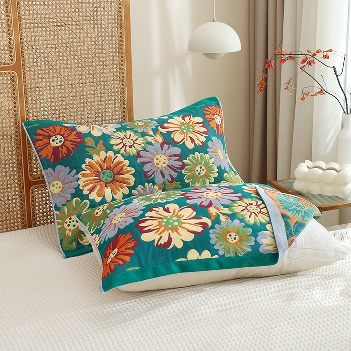 91家纺网 家纺一手货源 找家纺 朴尔家纺-毛巾被 2026新款色织定位提花纯棉四层纱布枕巾 油画花园-绿