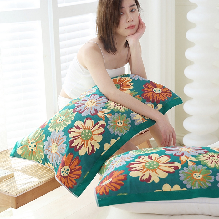 91家纺网 家纺一手货源 找家纺 朴尔家纺-毛巾被 2026新款色织定位提花纯棉四层纱布枕巾 油画花园-绿