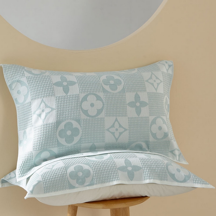 朴尔家纺-毛巾被 2026新款全棉纱布蜂窝结构系列枕巾系列 幸运草-水绿