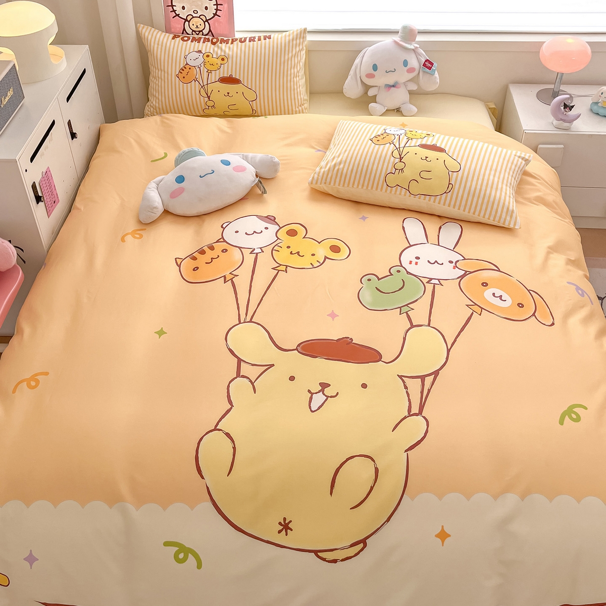 91家纺网 家纺一手货源 找家纺 暮思家居 2026新款正版授权三丽鸥大版全棉纯棉数码印花纯棉四件套系列-第一批 大版-奶黄包布丁狗