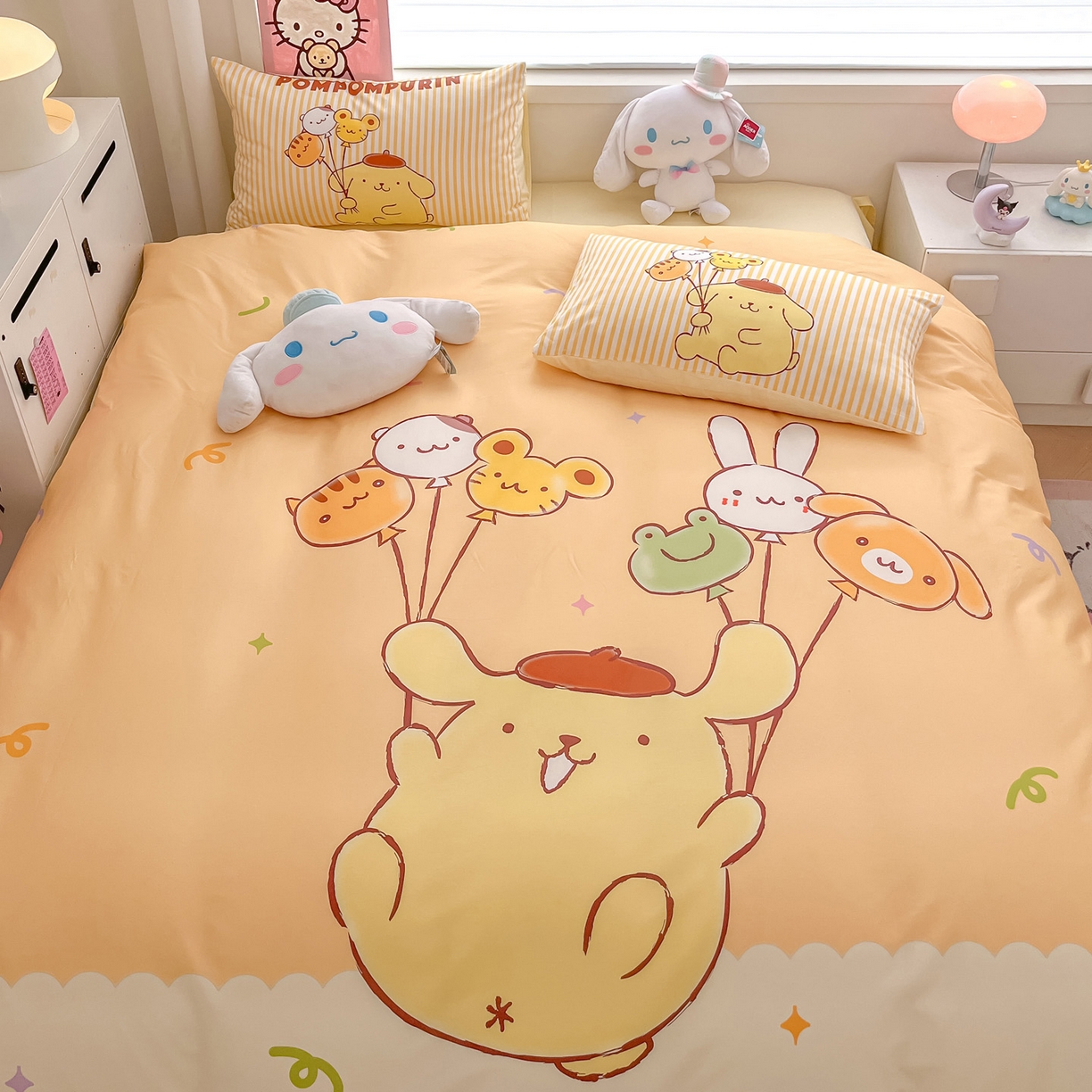 91家纺网 家纺一手货源 找家纺 暮思家居 2026新款正版授权三丽鸥大版全棉纯棉数码印花纯棉四件套系列-第一批 大版-奶黄包布丁狗