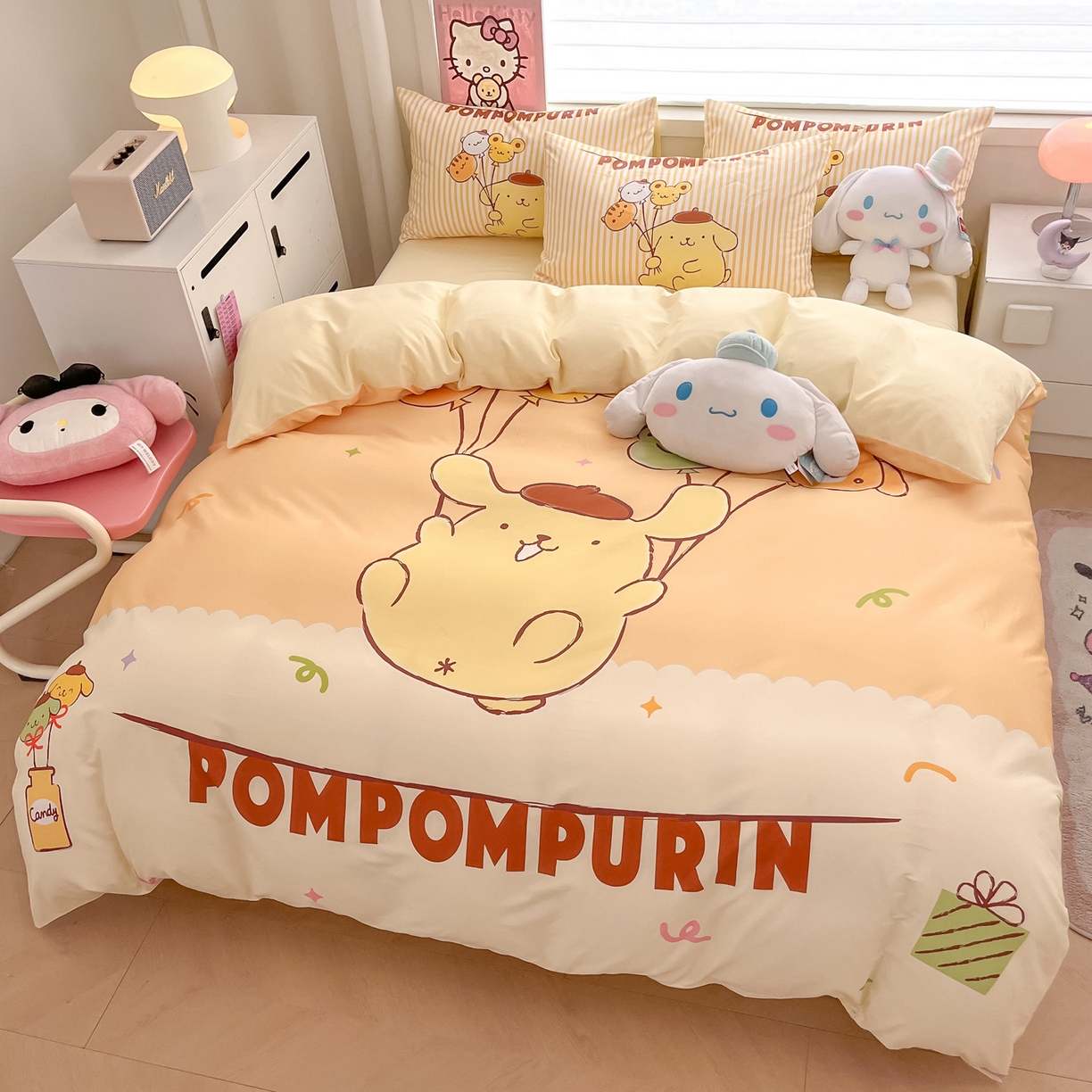 91家纺网 家纺一手货源 找家纺 暮思家居 2026新款正版授权三丽鸥大版全棉纯棉数码印花纯棉四件套系列-第一批 大版-奶黄包布丁狗