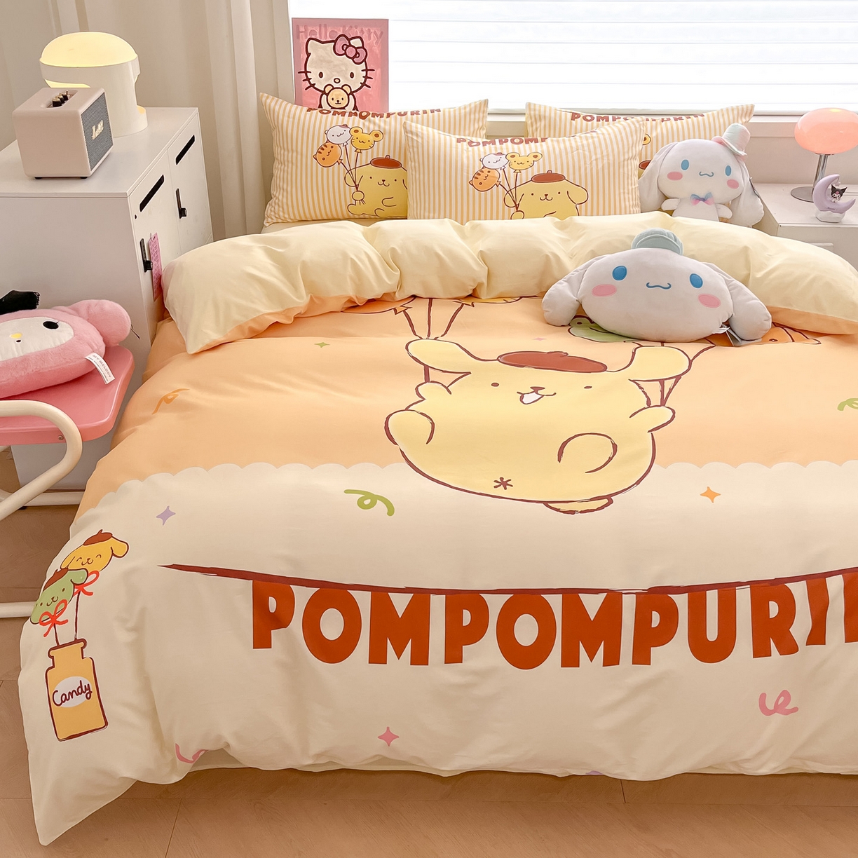 91家纺网 家纺一手货源 找家纺 暮思家居 2026新款正版授权三丽鸥大版全棉纯棉数码印花纯棉四件套系列-第一批 大版-奶黄包布丁狗