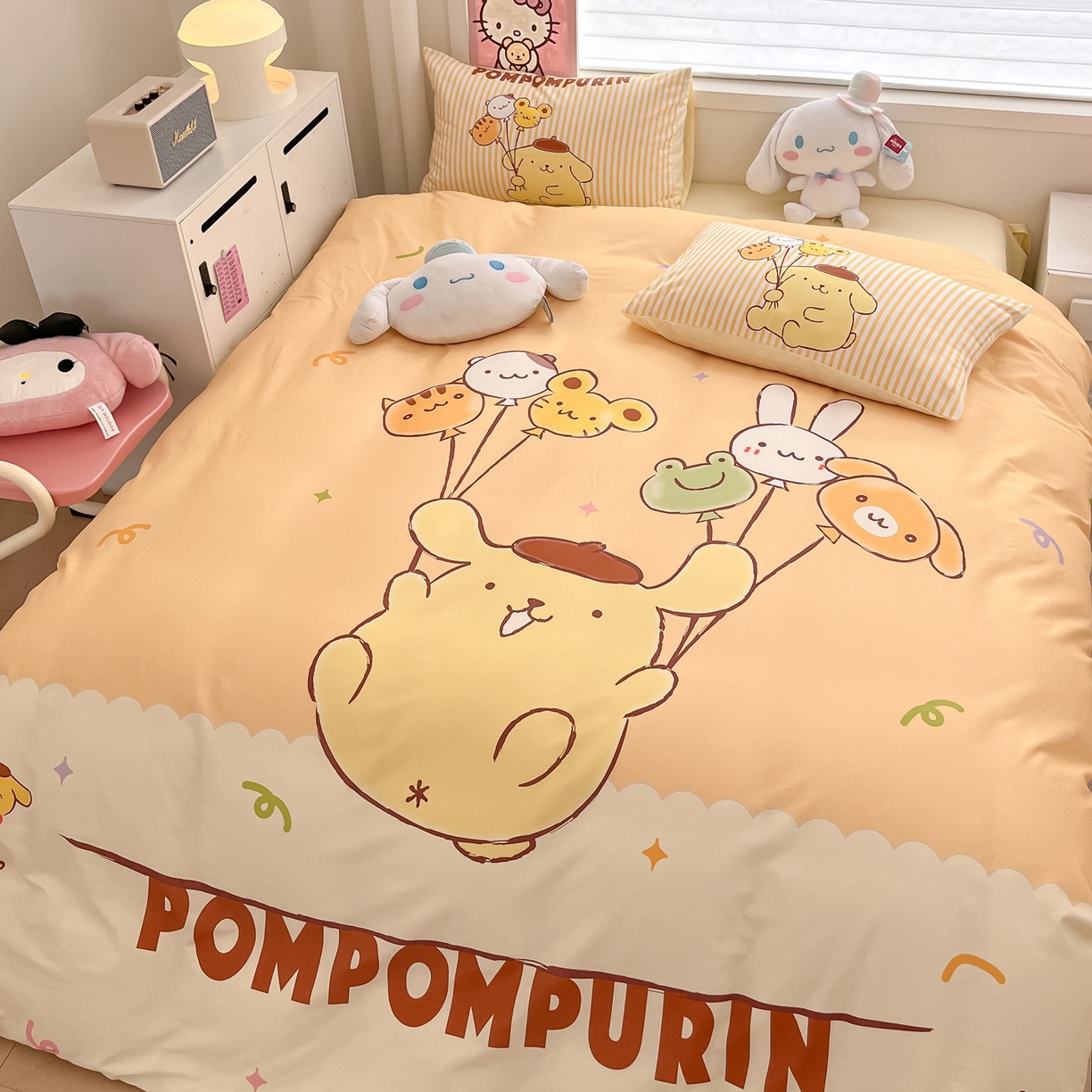 91家纺网 家纺一手货源 找家纺 暮思家居 2026新款正版授权三丽鸥大版全棉纯棉数码印花纯棉四件套系列-第一批 大版-奶黄包布丁狗