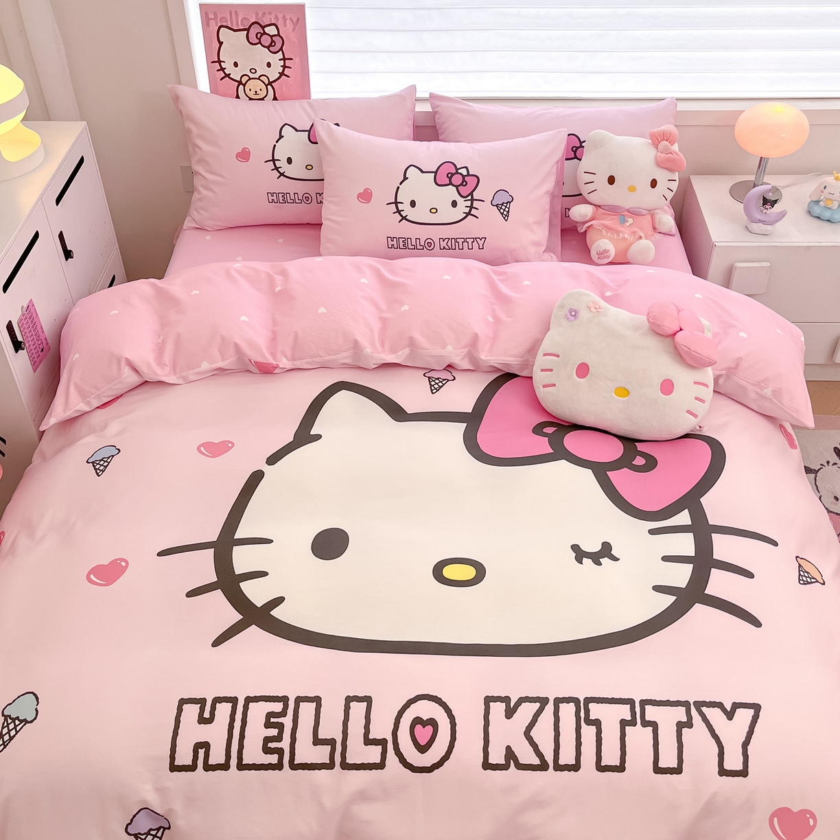 91家纺网 家纺一手货源 找家纺 暮思家居 2026新款正版授权三丽鸥大版全棉纯棉数码印花纯棉四件套系列-第一批 大版-甜筒KT