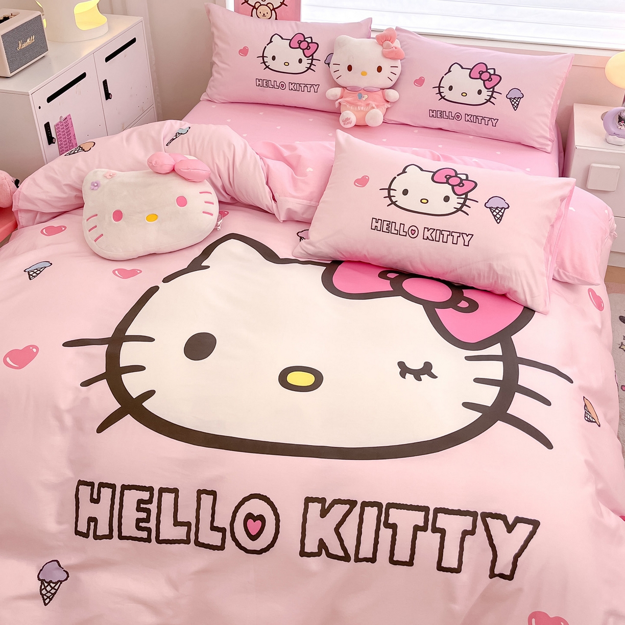 91家纺网 家纺一手货源 找家纺 暮思家居 2026新款正版授权三丽鸥大版全棉纯棉数码印花纯棉四件套系列-第一批 大版-甜筒KT