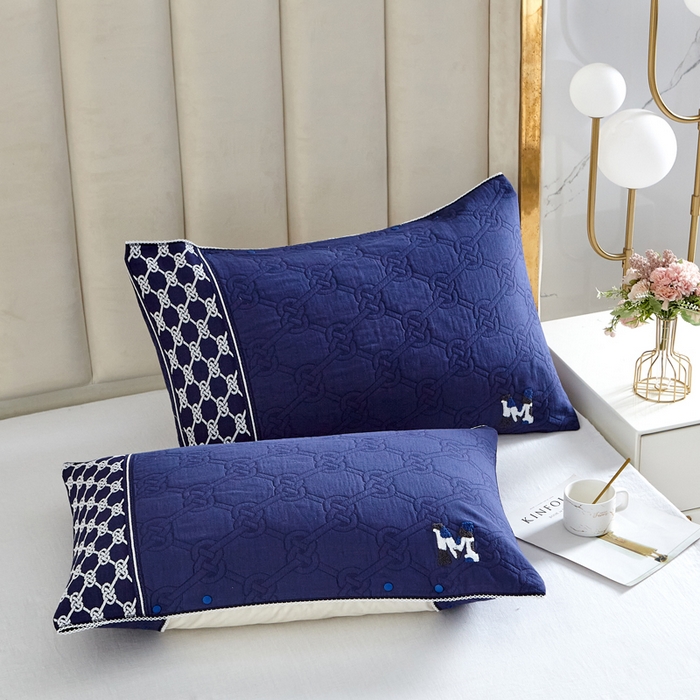 91家纺网 家纺一手货源 找家纺 朴尔家纺-毛巾被 2026新款纱布毛巾绣花素色半包枕套枕巾 绣花半包枕套-深蓝