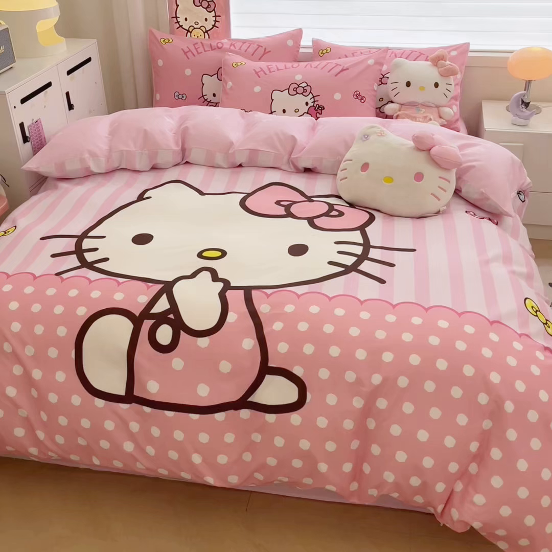 91家纺网 家纺一手货源 找家纺 暮思家居 2026新款正版授权三丽鸥大版全棉纯棉数码印花纯棉四件套系列-第一批 大版-条纹KT