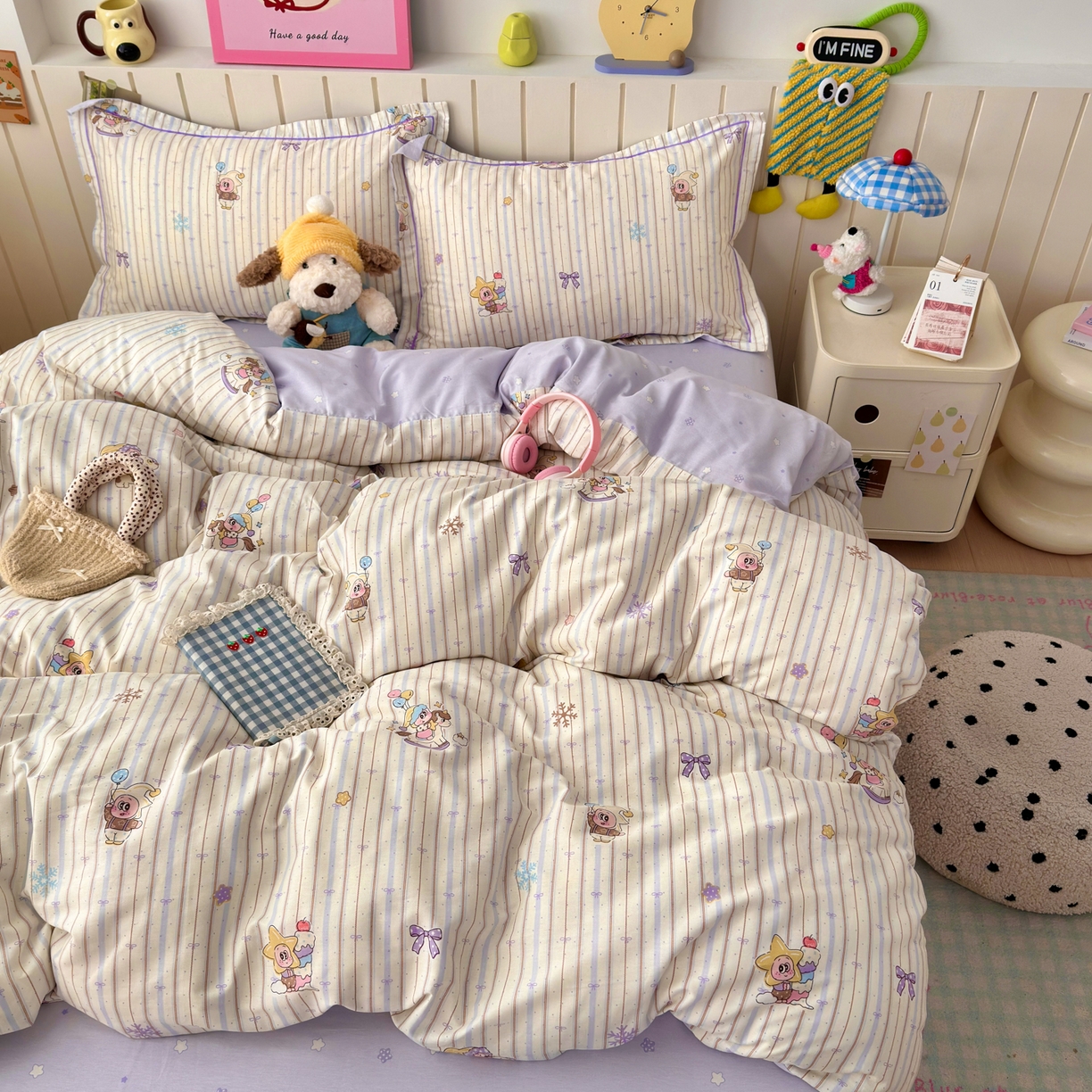 91家纺网 家纺一手货源 找家纺 女子家纺 2026新款全棉网红直播爆款吊边一字绣工艺款四件套-系列二 小精灵