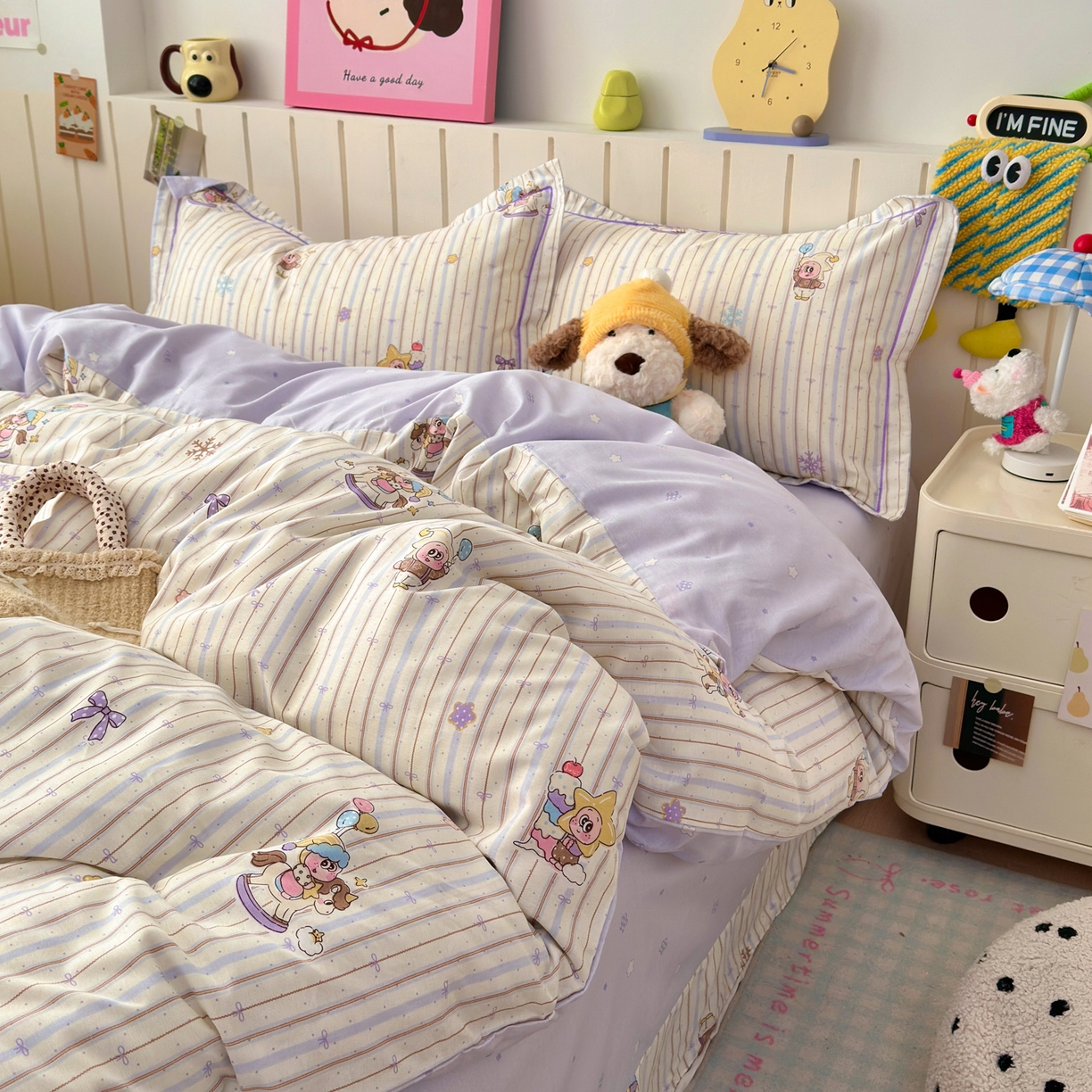 91家纺网 家纺一手货源 找家纺 女子家纺 2026新款全棉网红直播爆款吊边一字绣工艺款四件套-系列二 小精灵