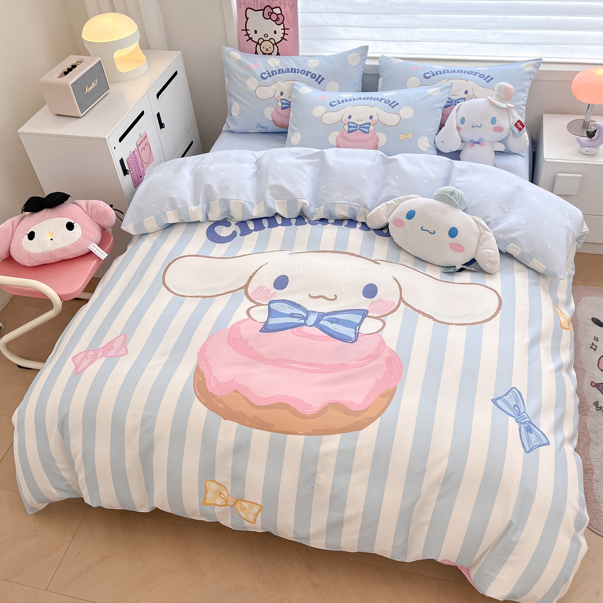 91家纺网 家纺一手货源 找家纺 暮思家居 2026新款正版授权三丽鸥大版全棉纯棉数码印花纯棉四件套系列-第一批 大版-条纹玉桂狗