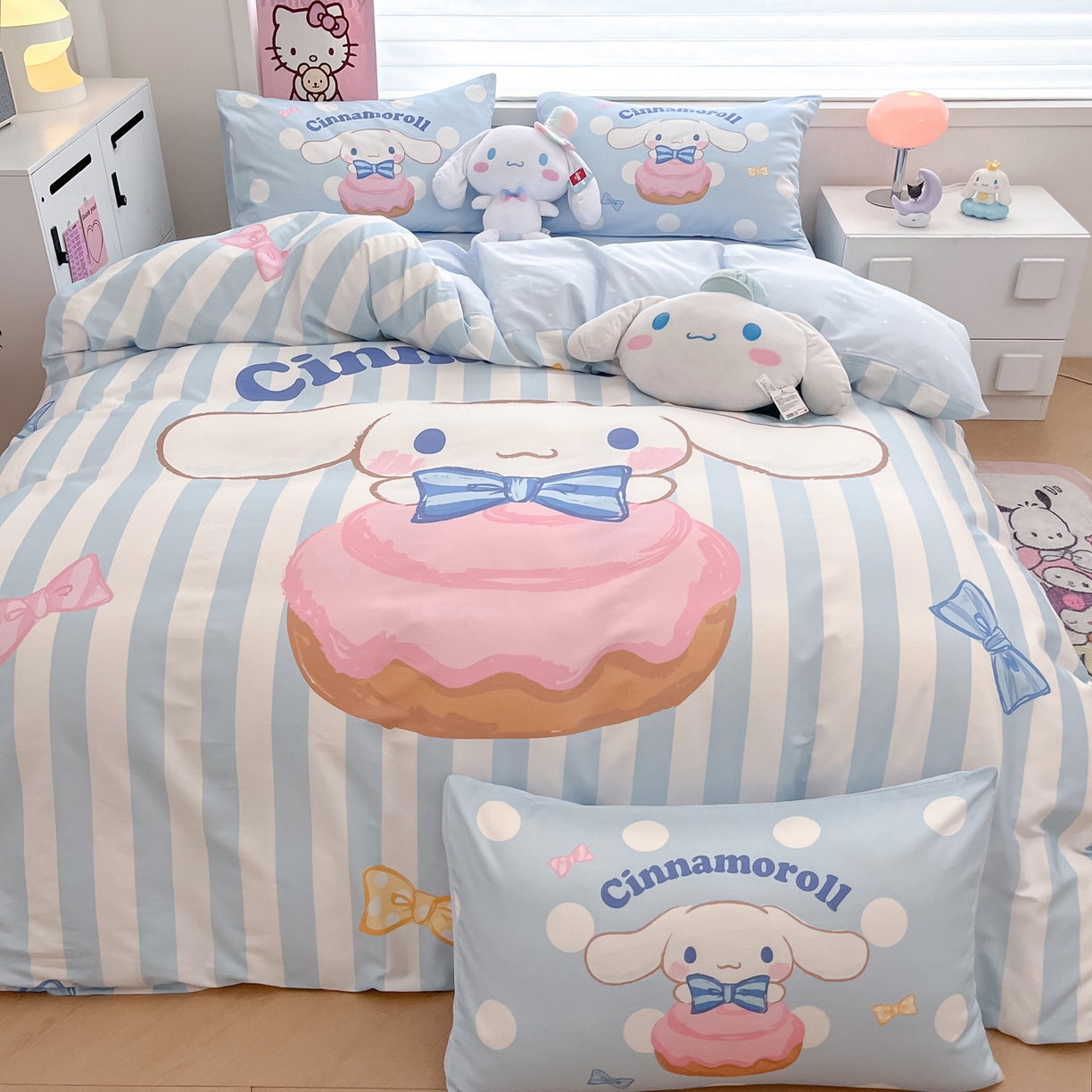 91家纺网 家纺一手货源 找家纺 暮思家居 2026新款正版授权三丽鸥大版全棉纯棉数码印花纯棉四件套系列-第一批 大版-条纹玉桂狗