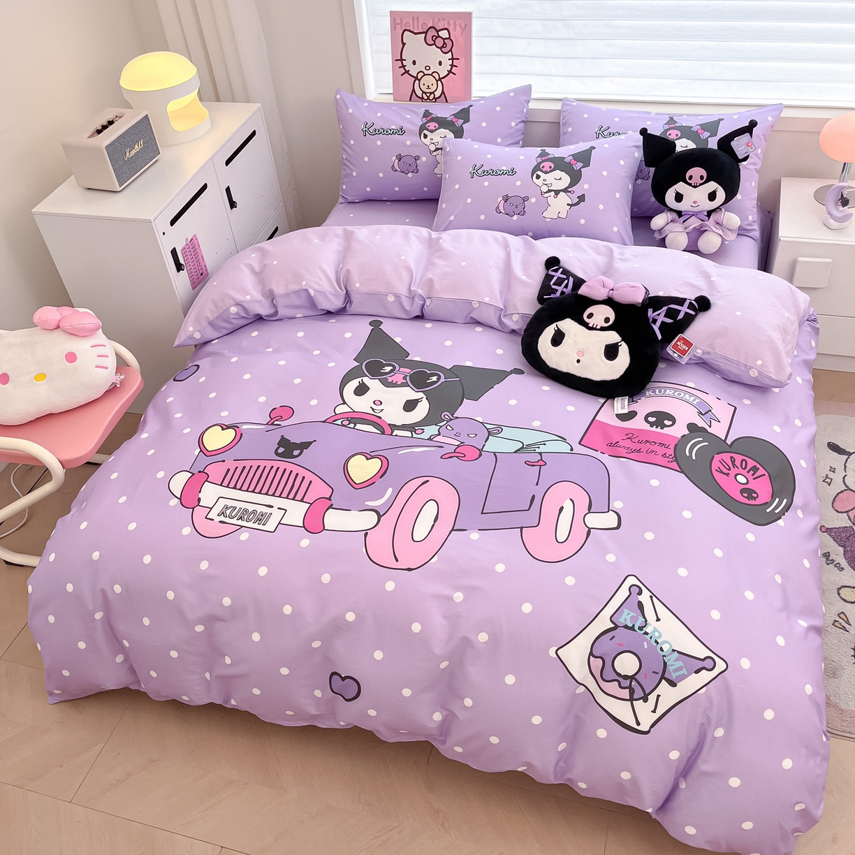 91家纺网 家纺一手货源 找家纺 暮思家居 2026新款正版授权三丽鸥大版全棉纯棉数码印花纯棉四件套系列-第一批 大版-小汽车库洛米