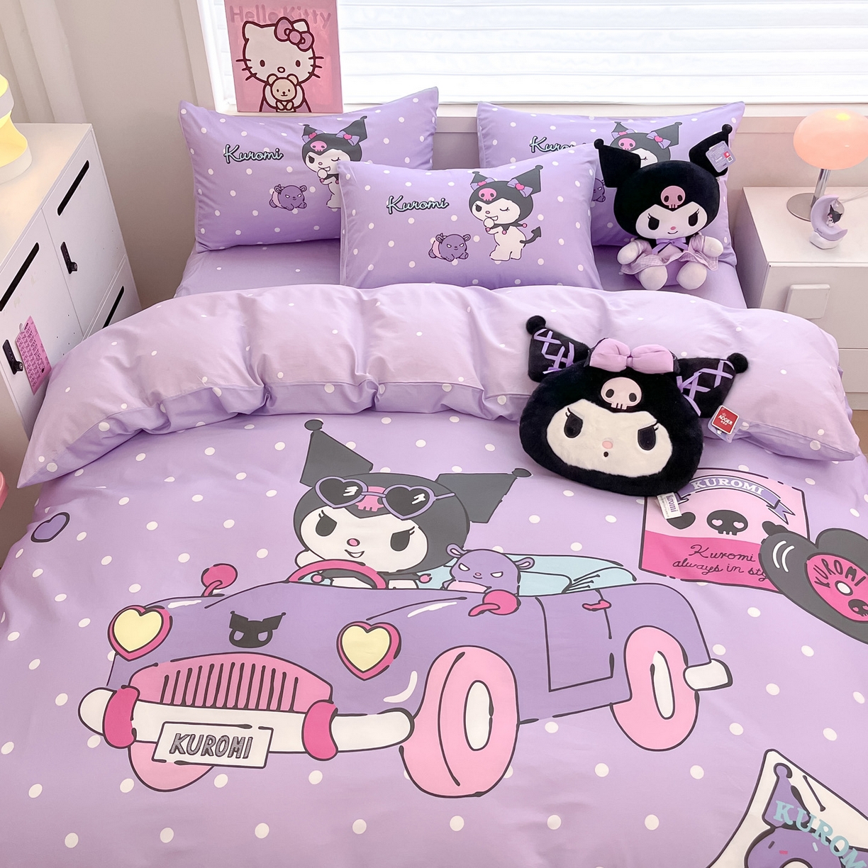 91家纺网 家纺一手货源 找家纺 暮思家居 2026新款正版授权三丽鸥大版全棉纯棉数码印花纯棉四件套系列-第一批 大版-小汽车库洛米