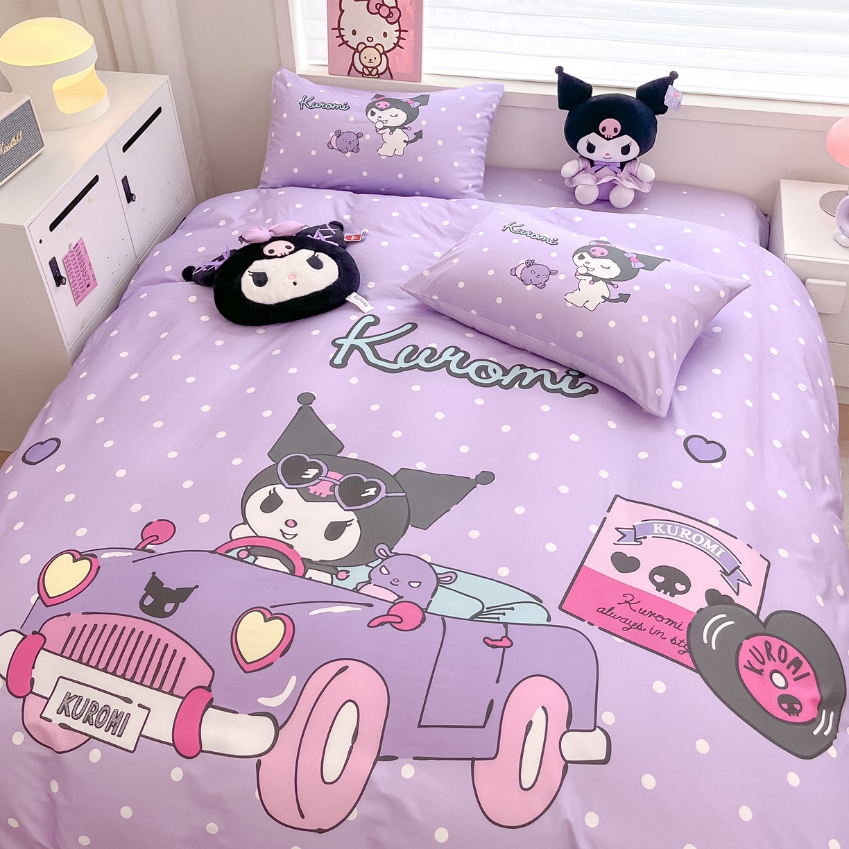 91家纺网 家纺一手货源 找家纺 暮思家居 2026新款正版授权三丽鸥大版全棉纯棉数码印花纯棉四件套系列-第一批 大版-小汽车库洛米