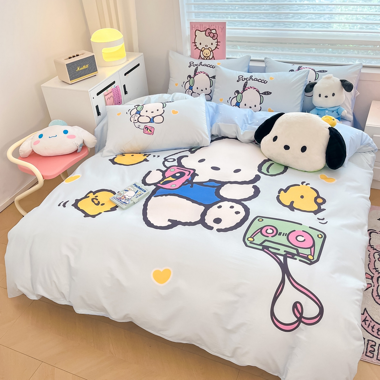 91家纺网 家纺一手货源 找家纺 暮思家居 2026新款正版授权三丽鸥大版全棉纯棉数码印花纯棉四件套系列-第一批 大版-音乐帕恰狗