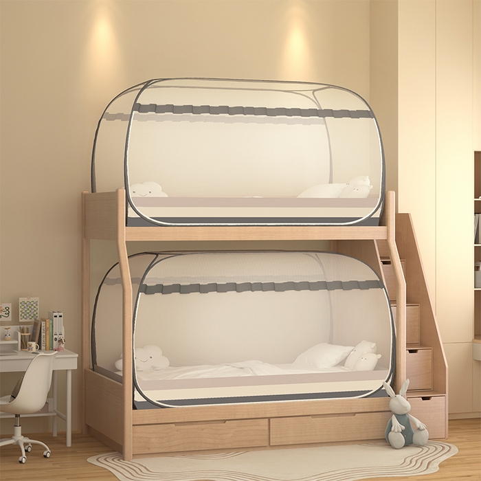 91家纺网 家纺一手货源 找家纺 佳梦家纺 2026新款蒙古包学生免安装系列蚊帐 条纹灰