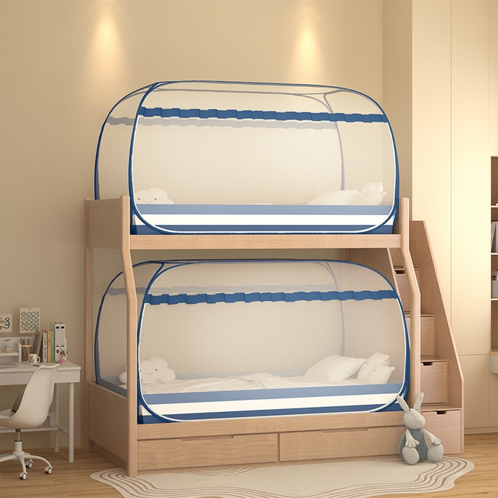 91家纺网 家纺一手货源 找家纺 佳梦家纺 2026新款蒙古包学生免安装系列蚊帐 条纹蓝