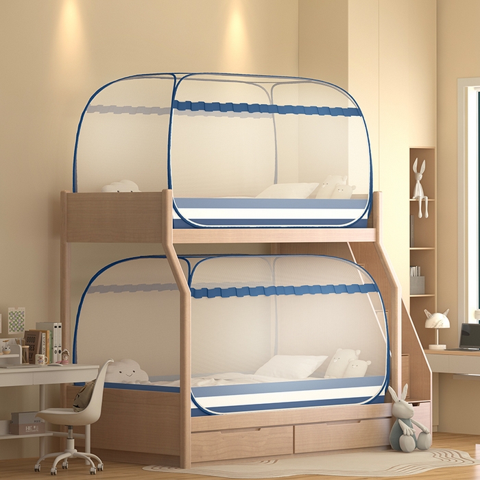 91家纺网 家纺一手货源 找家纺 佳梦家纺 2026新款蒙古包学生免安装系列蚊帐 条纹蓝