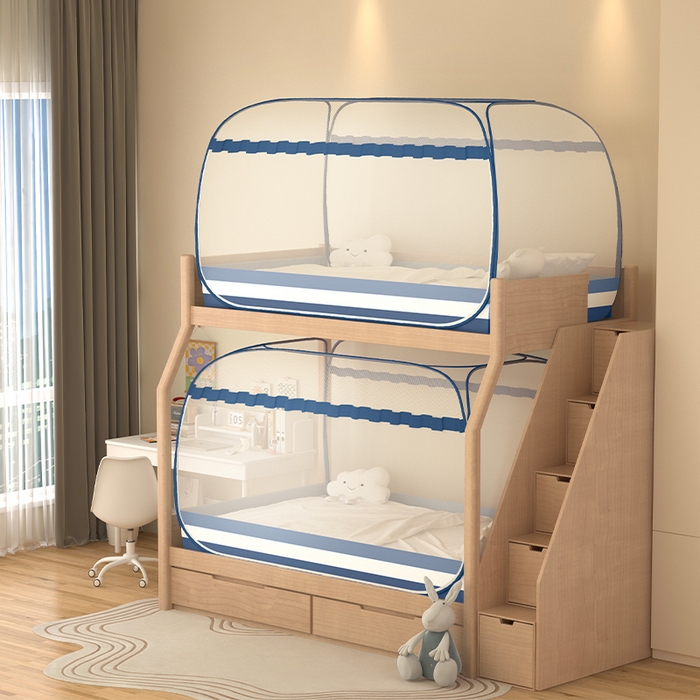 91家纺网 家纺一手货源 找家纺 佳梦家纺 2026新款蒙古包学生免安装系列蚊帐 条纹蓝