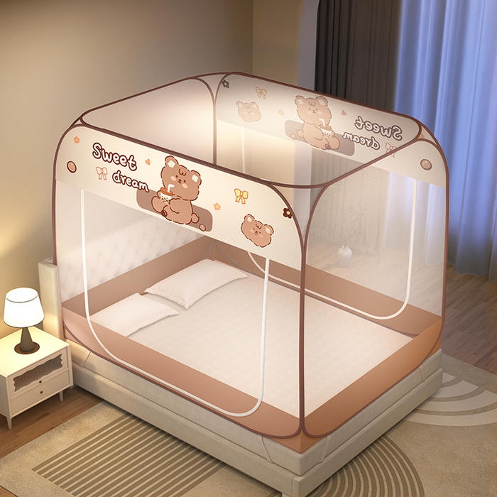 91家纺网 家纺一手货源 找家纺 佳梦家纺 2026新款蒙古包印花双开门蚊帐 奶茶熊-布三角