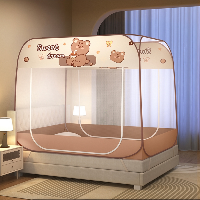 91家纺网 家纺一手货源 找家纺 佳梦家纺 2026新款蒙古包印花双开门蚊帐 奶茶熊-布三角