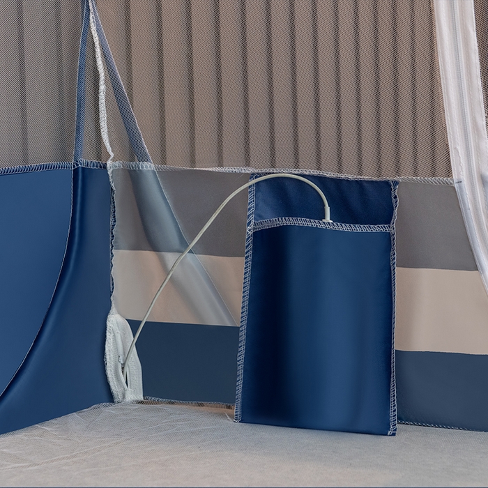 91家纺网 家纺一手货源 找家纺 佳梦家纺 2026新款蒙古包印花双开门蚊帐 条纹蓝-布三角