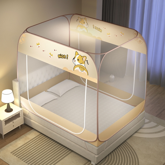 91家纺网 家纺一手货源 找家纺 佳梦家纺 2026新款蒙古包印花双开门蚊帐 奈斯狗咖-布三角