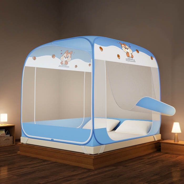 91家纺网 家纺一手货源 找家纺 佳梦家纺 2026新款三开门防尘顶免安装蚊帐 松果蓝