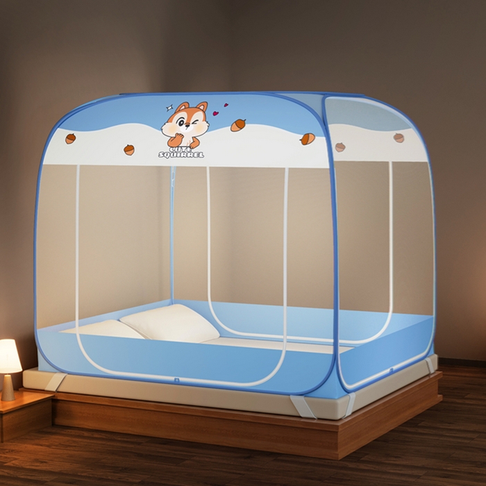 91家纺网 家纺一手货源 找家纺 佳梦家纺 2026新款三开门防尘顶免安装蚊帐 松果蓝