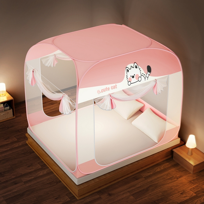 91家纺网 家纺一手货源 找家纺 佳梦家纺 2026新款三开门防尘顶免安装蚊帐 可可猫