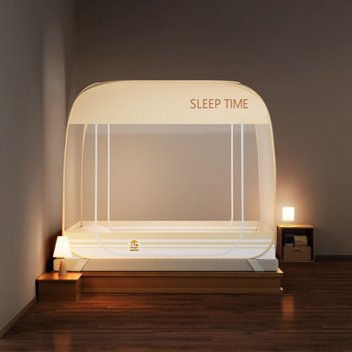 佳梦家纺 2026新款三开门防尘顶免安装蚊帐 浅米咖