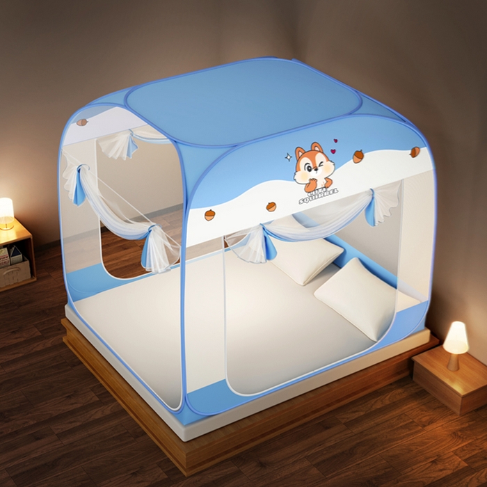 91家纺网 家纺一手货源 找家纺 佳梦家纺 2026新款三开门防尘顶免安装蚊帐 松果蓝