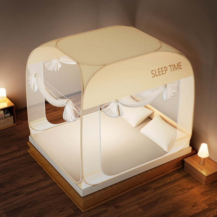 91家纺网 家纺一手货源 找家纺 佳梦家纺 2026新款三开门防尘顶免安装蚊帐 浅米咖