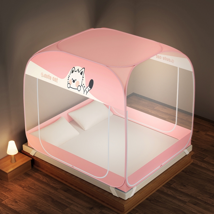 91家纺网 家纺一手货源 找家纺 佳梦家纺 2026新款三开门防尘顶免安装蚊帐 可可猫