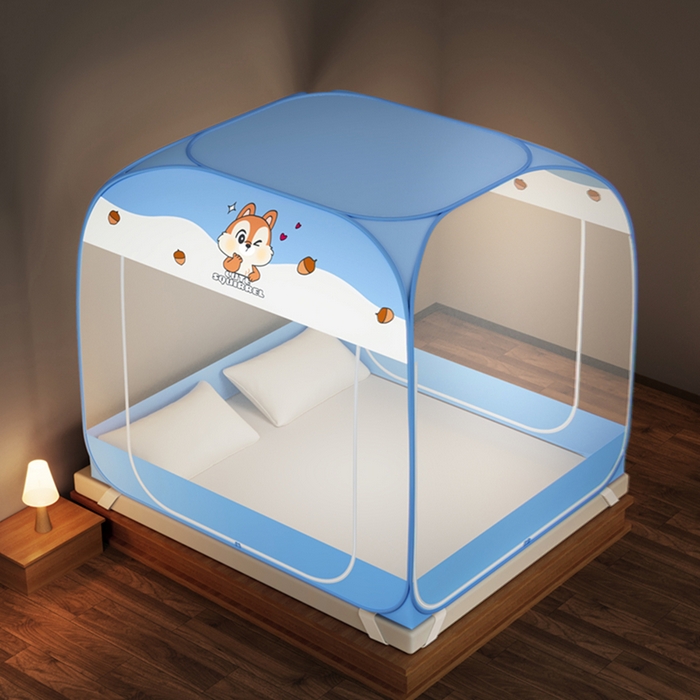 91家纺网 家纺一手货源 找家纺 佳梦家纺 2026新款三开门防尘顶免安装蚊帐 松果蓝