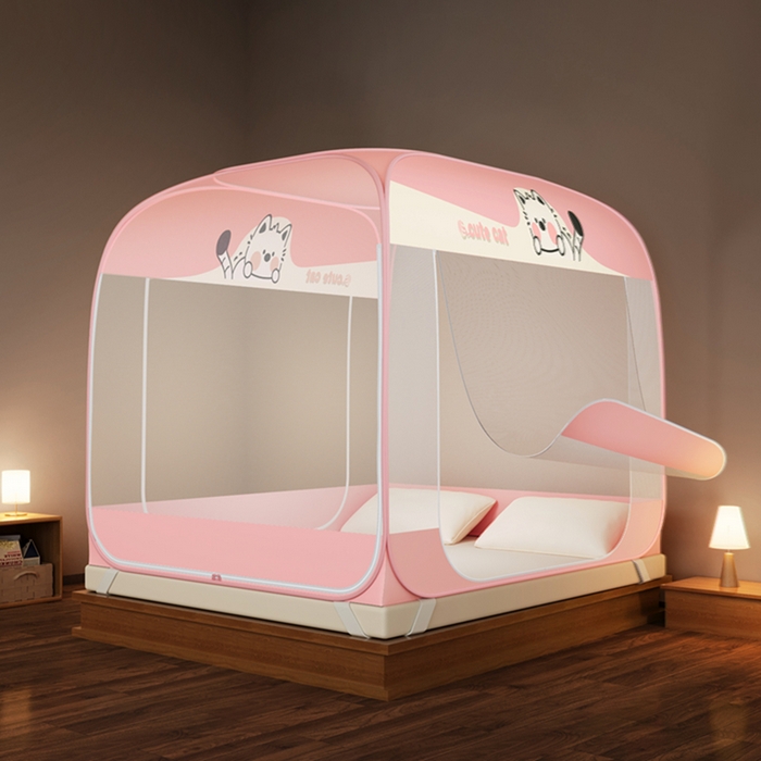 91家纺网 家纺一手货源 找家纺 佳梦家纺 2026新款三开门防尘顶免安装蚊帐 可可猫