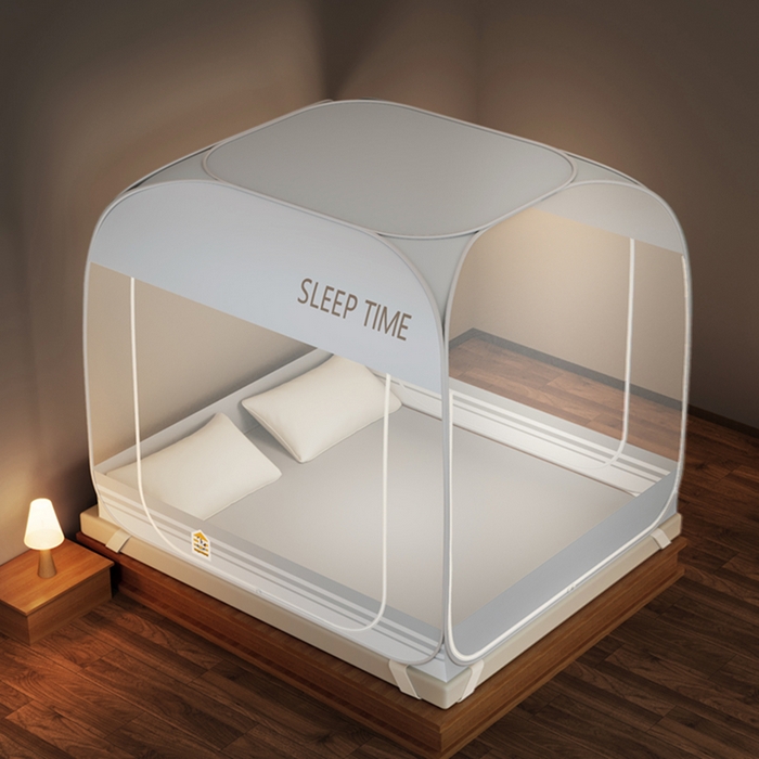 91家纺网 家纺一手货源 找家纺 佳梦家纺 2026新款三开门防尘顶免安装蚊帐 大地灰