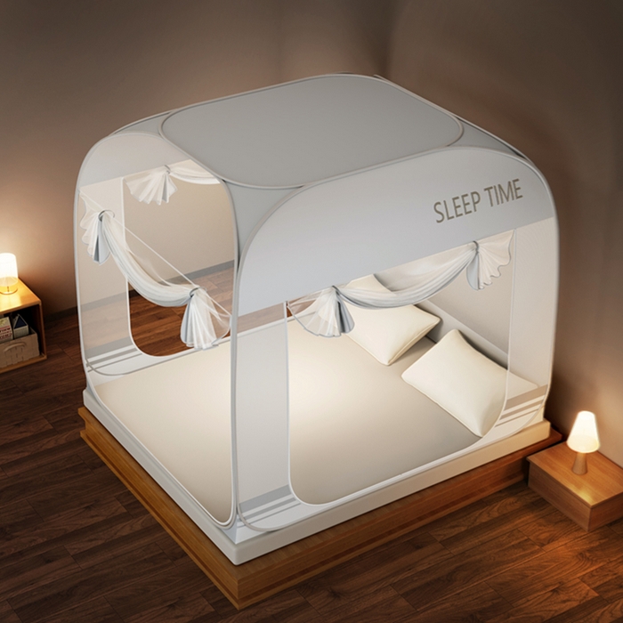 91家纺网 家纺一手货源 找家纺 佳梦家纺 2026新款三开门防尘顶免安装蚊帐 大地灰