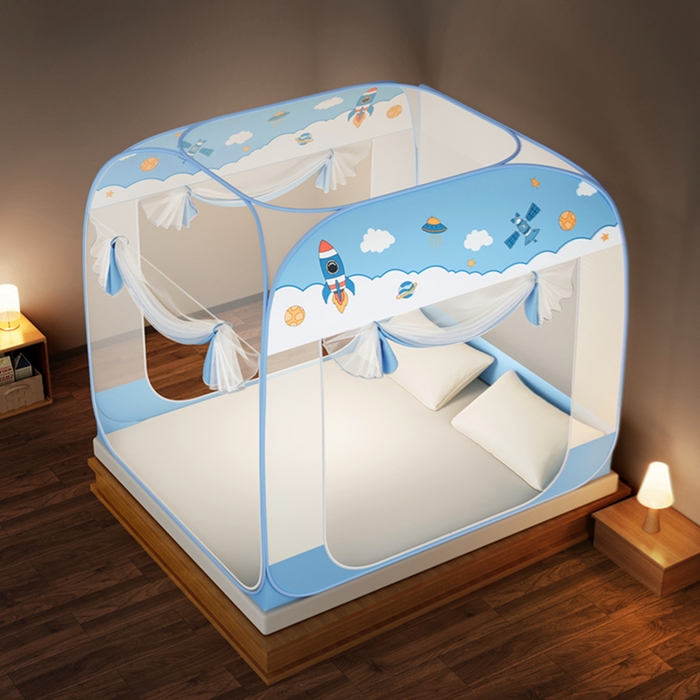 91家纺网 家纺一手货源 找家纺 佳梦家纺 2026新款三开门蒙古包印花蚊帐 太空蓝