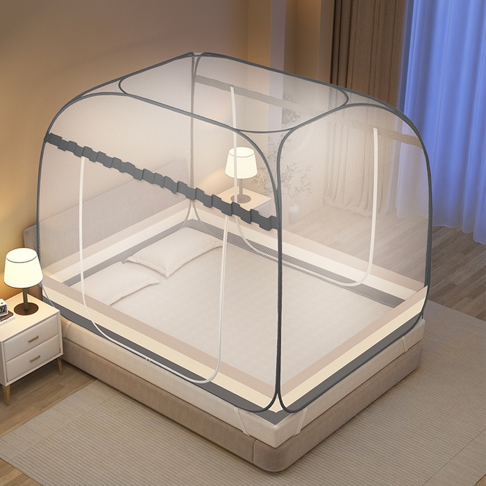 91家纺网 家纺一手货源 找家纺 佳梦家纺 2026新款双开门全底花边蚊帐 花边条纹-灰