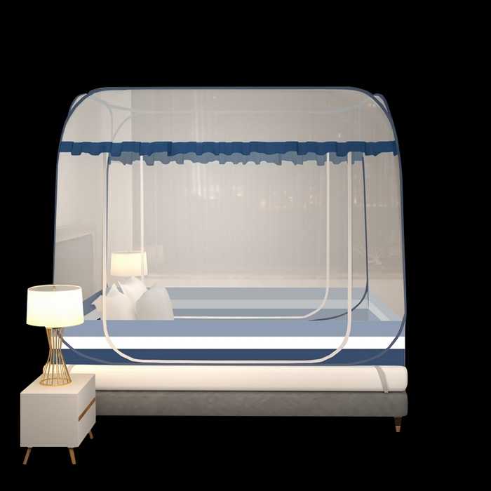 91家纺网 家纺一手货源 找家纺 佳梦家纺 2026新款双开门全底花边蚊帐 花边条纹蓝