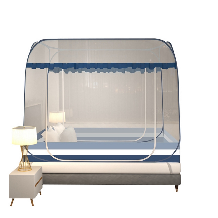 91家纺网 家纺一手货源 找家纺 佳梦家纺 2026新款双开门全底花边蚊帐 花边条纹蓝