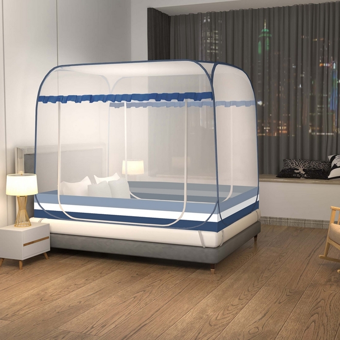 91家纺网 家纺一手货源 找家纺 佳梦家纺 2026新款双开门全底花边蚊帐 花边条纹蓝