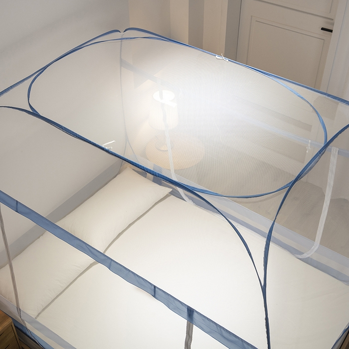 91家纺网 家纺一手货源 找家纺 佳梦家纺 2026新款双开门全底花边蚊帐 花边条纹蓝