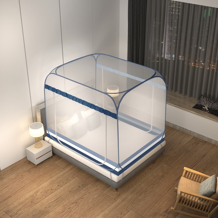 91家纺网 家纺一手货源 找家纺 佳梦家纺 2026新款双开门全底花边蚊帐 花边条纹蓝