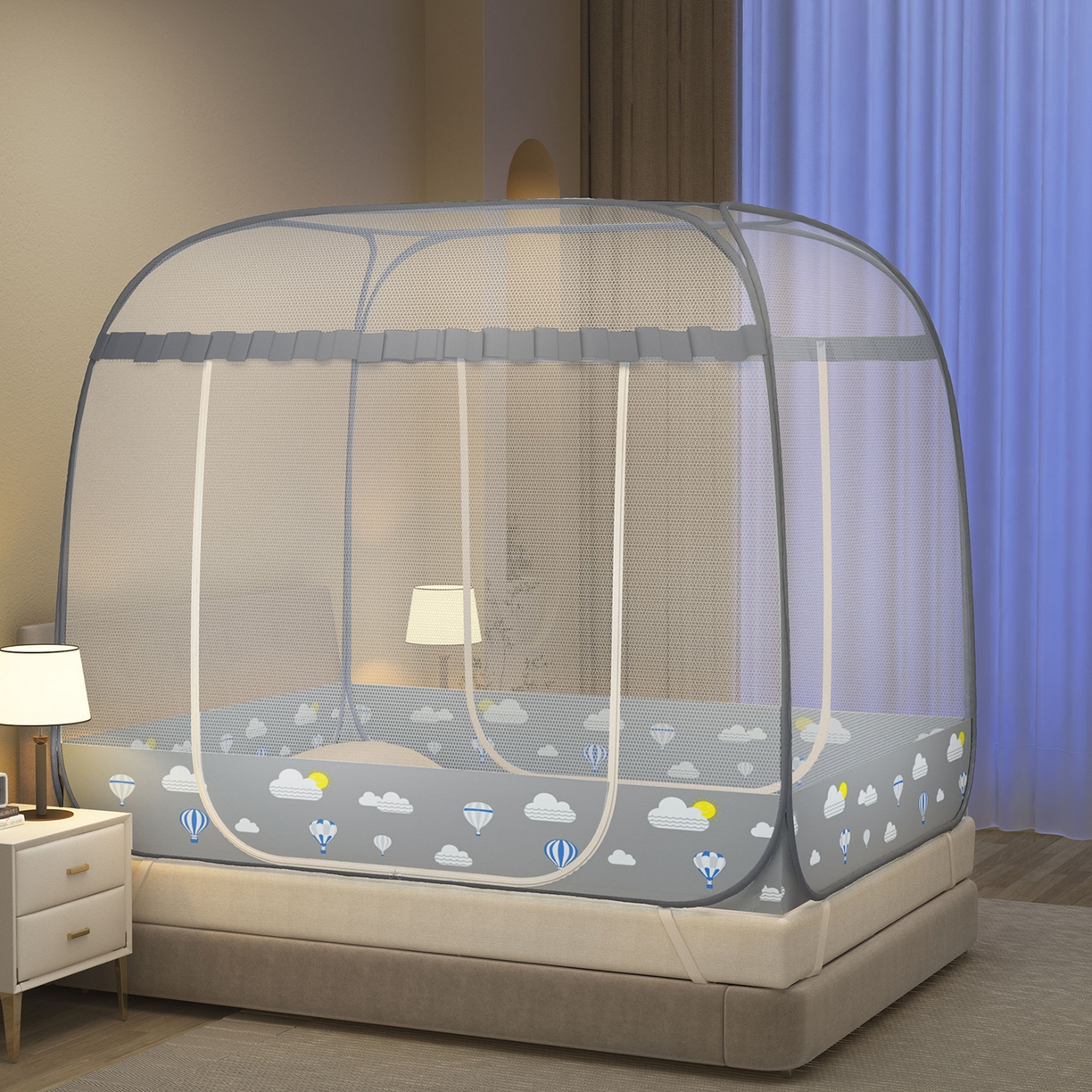 91家纺网 家纺一手货源 找家纺 佳梦家纺 2026新款双开门全底花边蚊帐 花边气球灰