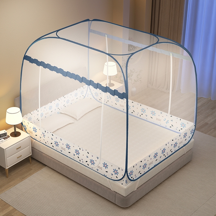 91家纺网 家纺一手货源 找家纺 佳梦家纺 2026新款双开门全底花边蚊帐 花边初恋-蓝